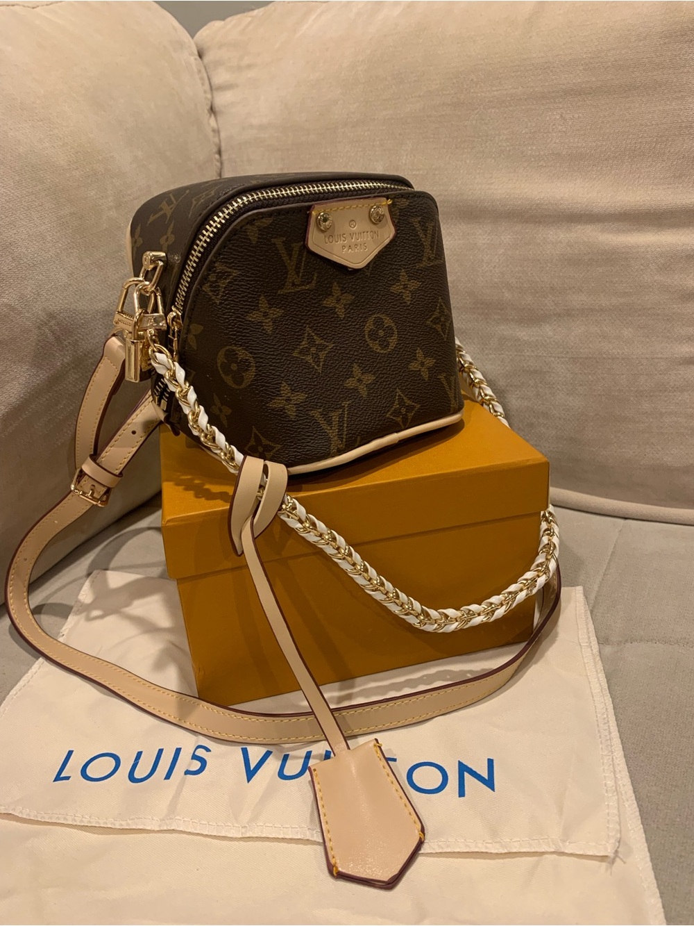 Brown and Cream Crossbody Camera Bag with Braided Chain Strap